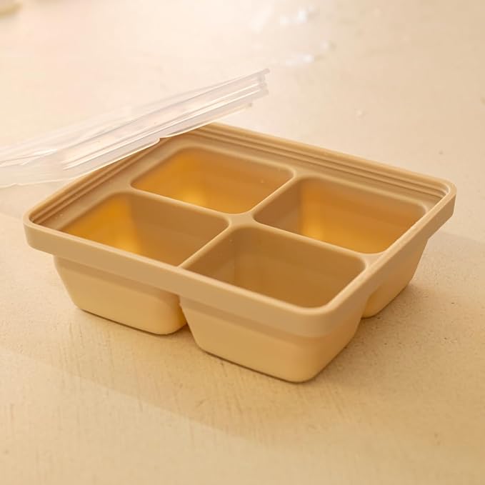 Silicone Freezer Tray, Made in Korea, Meal Prep & Food Storage Cubes with Lid for Purees, Soups, Fruits, Vegetables, Breastmilk (Creme Brulee, 4 Cube - 12.17oz)