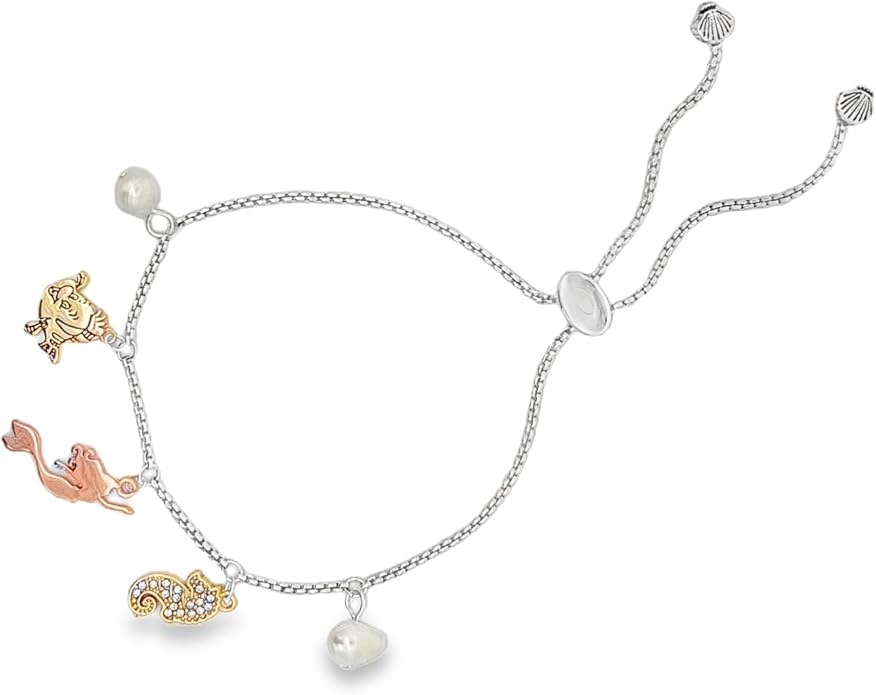 Disney The Little Mermaid Tri-Tone Bolo Pendant Bracelet Officially Licensed | Brass with Sterling Silver and Gold Plate | Pendant Bracelets