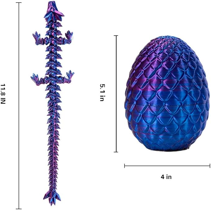 3D Printed Dragon Egg with Articulated Dragon Inside, Fidget Toys for Adults Stress Relief, Unique Dragon Figurine Toys Birthdays Kids Valentines Day Gifts for School (Laser Violet)