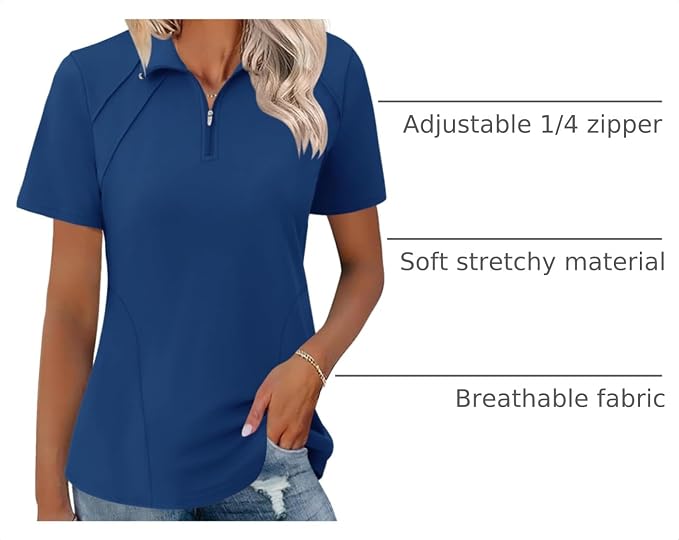LOMON Womens Golf Polo Shirt Summer Short Sleeve Quarter Zip Outfit | Side-Pockets,Princess Seams,Cotton,Wrinkle Free,Moisture Wicking,Quick-Dry,Lightweight,Collared,for Tennis Workout