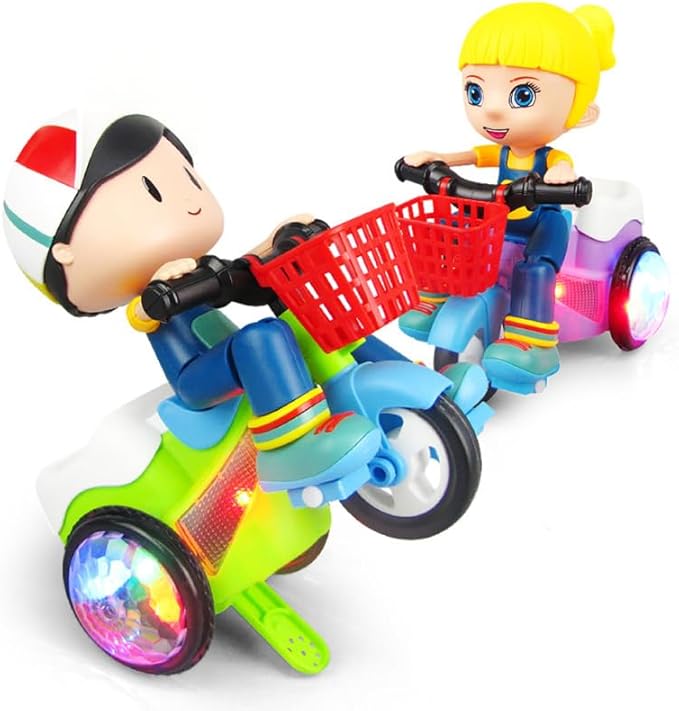 Stunt Tricycle Toy for Boys, 360° Rotating Electric Kids Vehicle with Colorful Lights & Music, Automatic Direction Change Action Toy for Toddlers (Random Color)