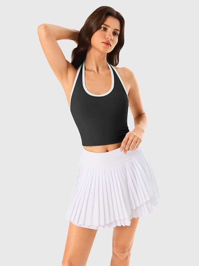 Halter Workout Top for Women: Open Back Sports Bra Color Block Tops with Built in Bra Yoga Gym Crop
