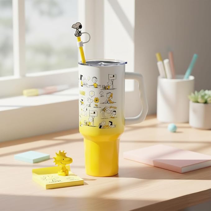 Silver Buffalo Peanuts Iconic Scenes Charlie Brown, Snoopy, Woodstock, Lucy, Sally, Linus Double Walled Stainless Steel Tumbler with Handle, Straw, & Straw Cap, Fits in Standard Cup Holder, 40 Ounces