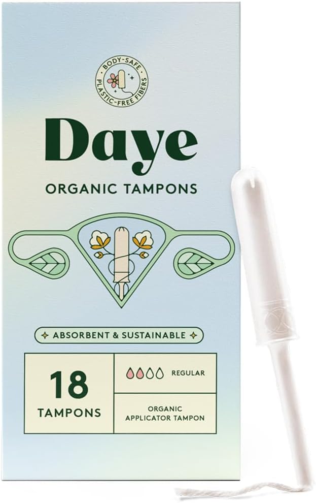 Daye Organic Tampons Regular | 18ct | Pesticide & Metal Tested, 100% Organic Cotton, Best Absorbency | No-Shed Sleeve, Sugarcane Applicator