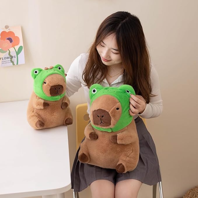Cute Capybar Stuffed Animals with Wearable Toast headsetwear Capybar, Gifts for Kids (Frog hat)