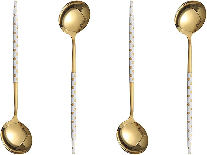 Stainless Steel Soup Spoon,Korean Dessert Spoons,Polka Dot Mixed Color Spoon for Home, Kitchen or Restaurant, Set of 4 Colour Polka Dot Soup Spoons, 8 Inches.