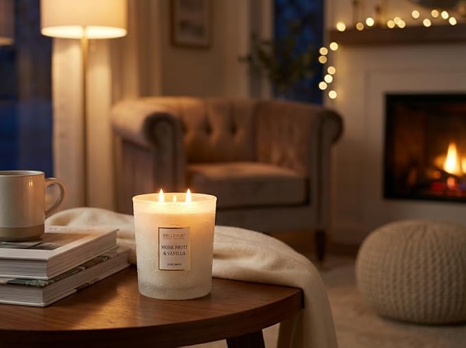 Bellevue Luxury Candles, 12 OZ Soy Blend Candle, Embossed Glass, Fragrances formulated with Essential Oils, Home Fragrances, Scented Candles Gift Set ǀ Scent: Monk Fruit & Vanilla