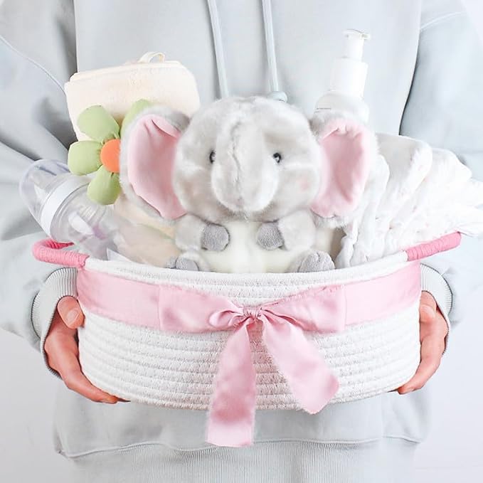 Yimi's Dream White and Pink Cotton Rope Gift Basket with Handle, 12 x 8 in | Empty Oval Woven Storage Basket for Baby Shower, Easter, Valentine's Day, Birthday, Nursery, Toy, Mom, Shelves, Home Decor