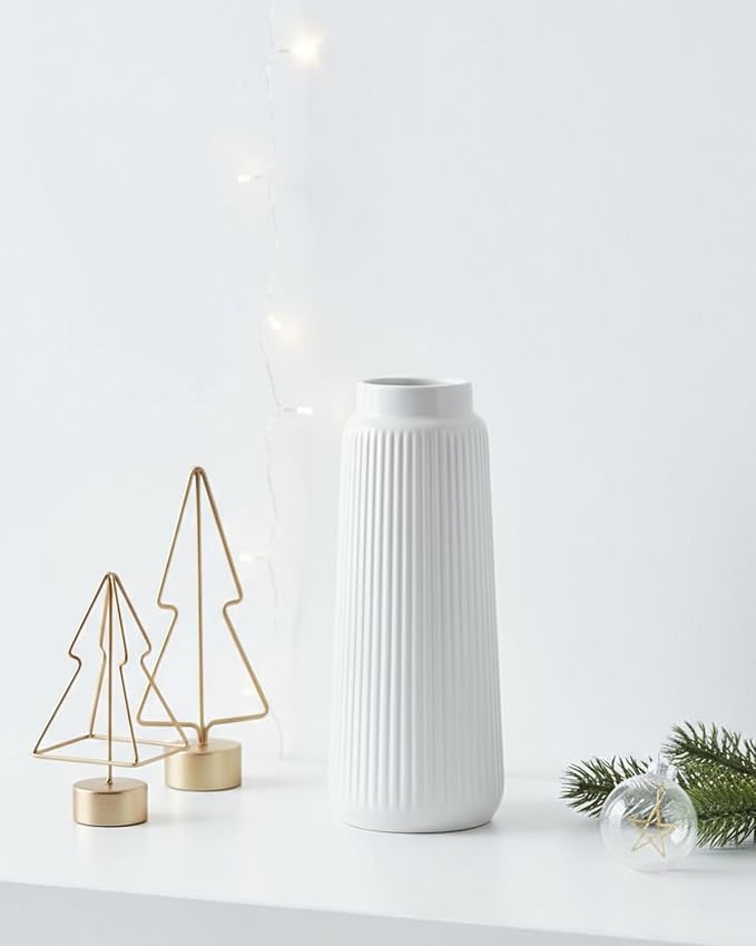 White Ceramic Vase, 8 Inch Conical Flower Vase with Narrow Mouth for Pampas Grass, Modern Tapered Decorative Vase for Home Decor, Living Room Table, Shelf