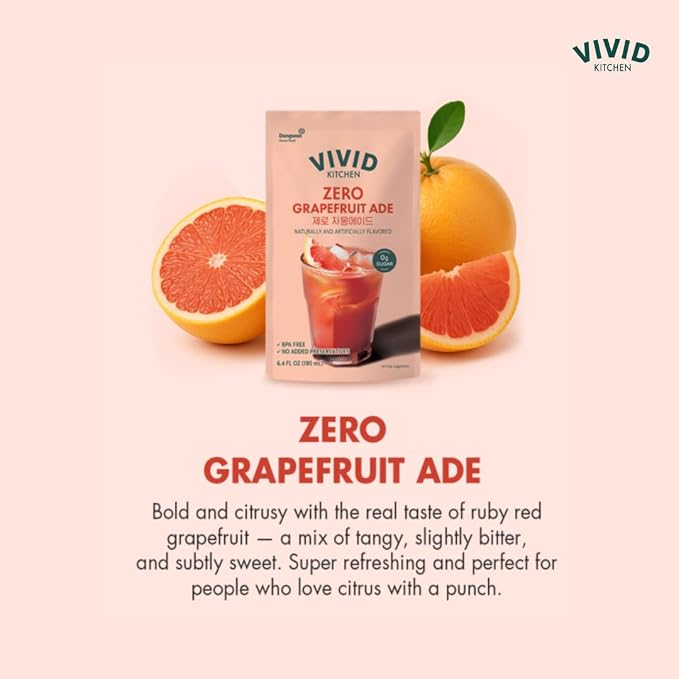 VIVID KITCHEN Korean Grape Ade – Grapefruit Flavor – Zero Sugar, Zero Calories – 6.4 fl oz (10 Pouches) – No Corn Syrup or Preservatives – Refreshing Korean Drink for Healthy, On-the-Go Hydration