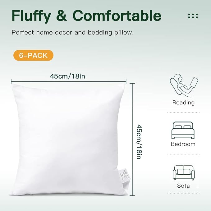 OTOSTAR Pack of 6 Throw Pillow Inserts, 18 x 18 Square Cushion Inner Soft Fluffy Plump Stuffer Cushion Pads White Decorative Pillow Inserts