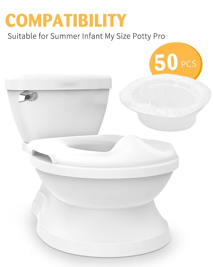 50 Pcs Potty Liners for Summer Infant My Size Potty Pro - Disposable Potty Bags with Elastic Fit, Leakproof & Easy Clean, Fits Most Potty Chairs, Travel Potties, Portable Toilets, 18×8 Inches
