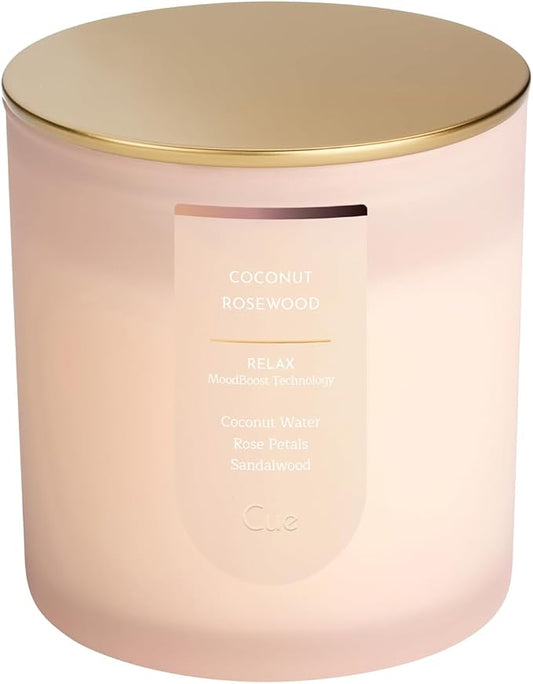 CUE Scented Candle |MoodBoost Essential Oils |OpenWick Clean Burning Candle | Soy Coconut Wax Blend | for Home | Mother's Day Candle Gift |Extended Burn Time (8.5oz, Coconut Rosewood)