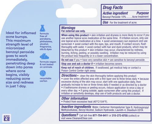Clean & Clear Persa-Gel 10 Oil-Free Acne Spot Treatment with Maximum Strength 10% Benzoyl Peroxide, Topical Pimple Cream Visibly Reduces Acne in One Day, Fragrance-Free, 1 fl. oz (Pack of 4)