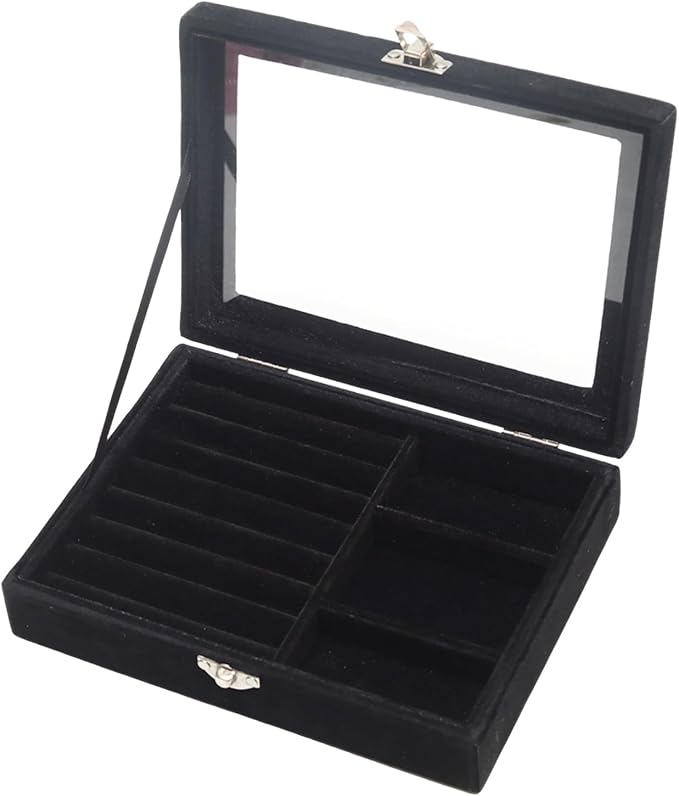 Small Velvet Jewelry Tray with Clear Lid, 2-in-1 Black | Lockable Ring Earring Holder Organizer Storage Box Case Jewelry Box Organizer for Rings Earrings Bracelets Brooches