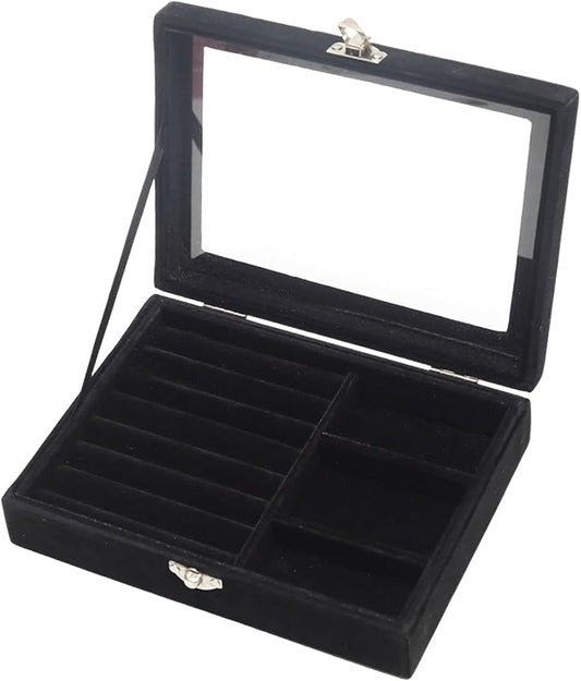 Small Velvet Jewelry Tray with Clear Lid, 2-in-1 Black | Lockable Ring Earring Holder Organizer Storage Box Case Jewelry Box Organizer for Rings Earrings Bracelets Brooches