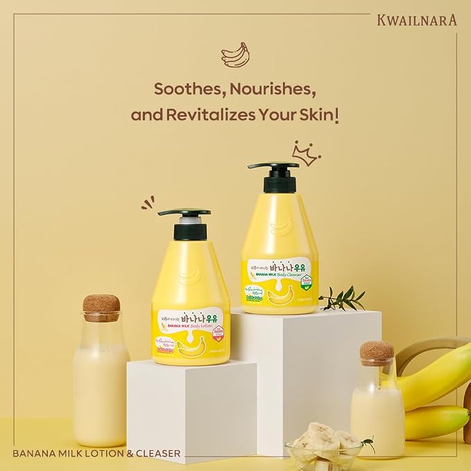 Kwailnara Banana Milk Body Wash & Lotion Set (19.75 Oz Each) – 2-Piece Korean Skincare Duo for Soft & Supple Skin | Milk Protein, Royal Jelly & Elasticity-Boosting Banana Extract | Paraben-Free
