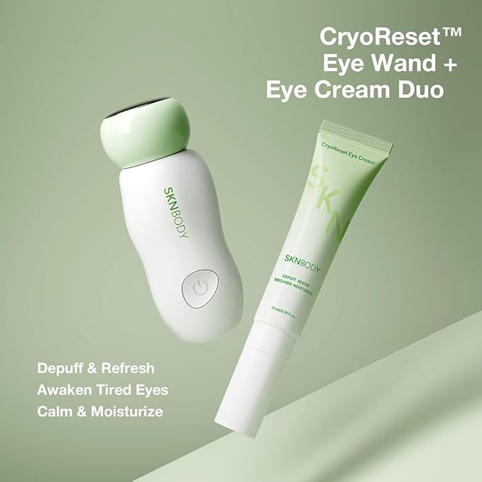 SKNBODY CryoReset™ Eye Duo System Cryotherapy Cooling + SonicTap™ Eye Wand and Eye Cream Set, Under Eye Massager with Gentle Vibration, Refreshes Tired Eyes and Helps Reduce Puffiness
