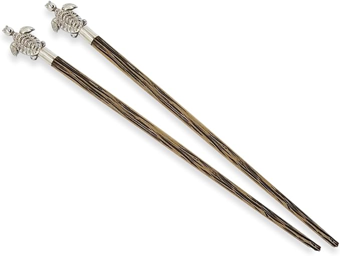 Wooden Chopsticks 9⅞" Coconut Palm Wood Chopstick With Metal Sea Turtle Top Eating Utensils Oriental Cutlery Asian Tableware Decorative Dinnerware to Serve Chinese Japanese Korean Food