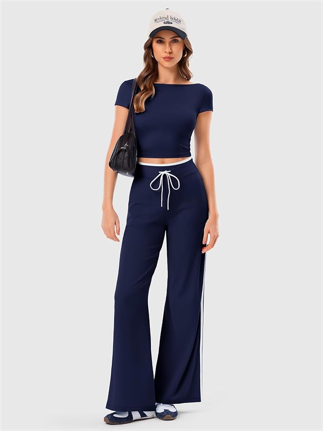 Women's Wide Leg Yoga Pants with Side Stripe, High Waisted Color Block String Lounge Pants, Workout Flowy Track Pants with Pockets