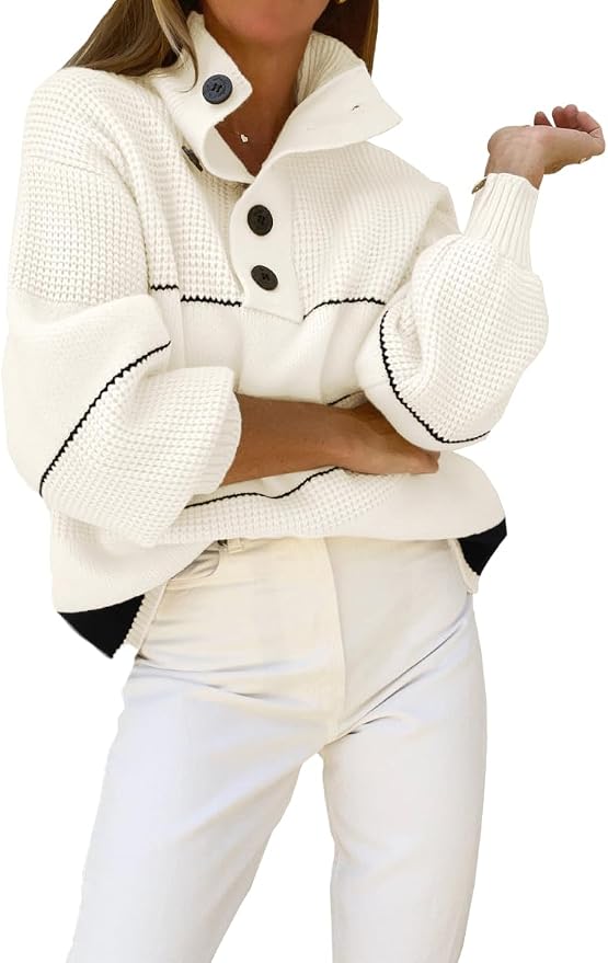 chouyatou Women's Slouchy Waffle Knit Sweater 1/2 Button Polo Collared Pullover Striped Sweater Tops