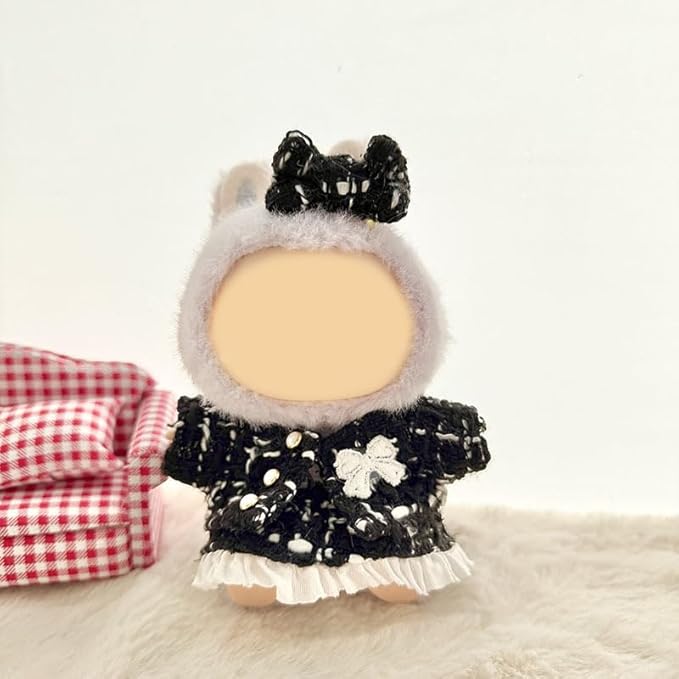 [3 in 1] 17cm Doll Clothes(NO Doll), Cute Dolls Outfit Accessories Luxury Style with Black Tweed Fabric Pearl Buttons & Dress Small Kawaii Clothes Set for Dolls (Style 11)