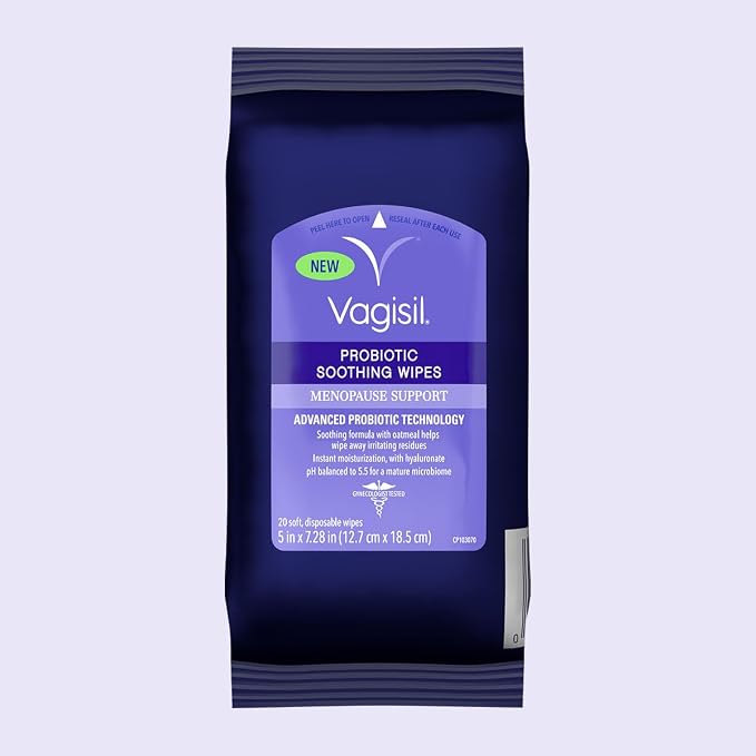 Vagisil Menopause Support Probiotic Wipes for Women, Hyaluronate & Oatmeal, Soothing for Mature Microbiome, Light Botanical Scent, 20 Count