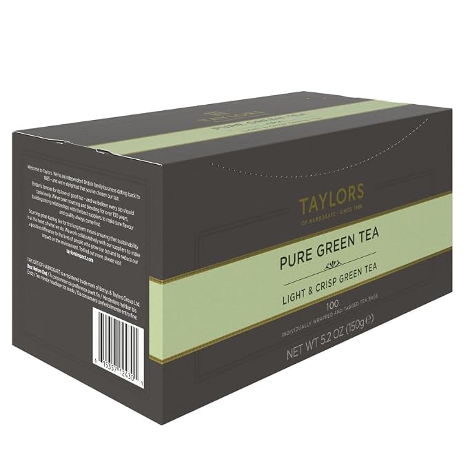Taylors of Harrogate Pure Green Tea, Individually Wrapped Bags, 100 Count (Pack of 1), Delicate, Mellow and Crisp, Caffeinated, Enjoy Hot or Iced, 100 Teabags