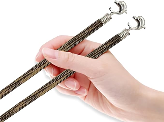 Wooden Chopsticks 9⅞" Coconut Palm Wood Chopstick With Metal Dolphin Top Eating Utensils Oriental Cutlery Asian Tableware Decorative Dinnerware to Serve Chinese Japanese Korean Food