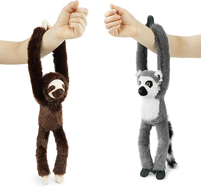 Hanging Sloth Stuffed Animals,2pcs Lemur Sloth Plush Toys Curtain Buckle for Decoration,20 inches Lemur Stuffed Jungle Animals for Kids(Lemur+Sloth)