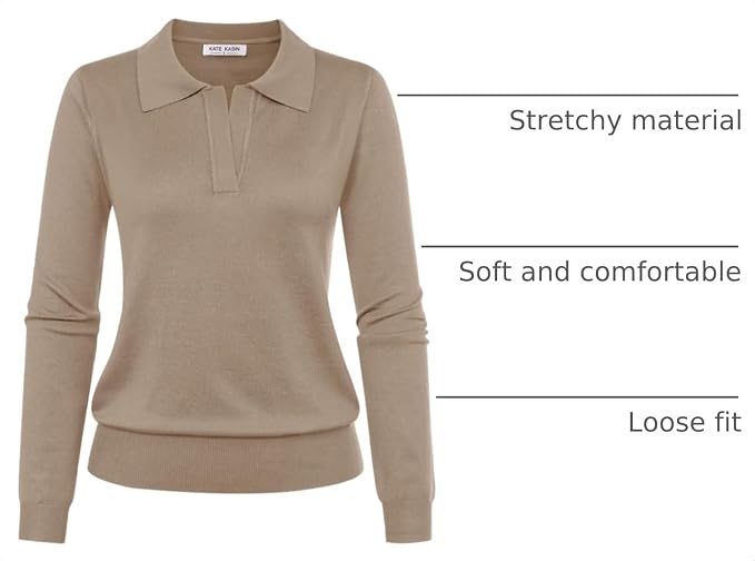 Women's Long Sleeve Classic V Neck Casual Fall Winter Polo Sweater Tops | Basic Collared Knitted Fashion Work Business Formal Daily Wear Versatile Pullover Shirts