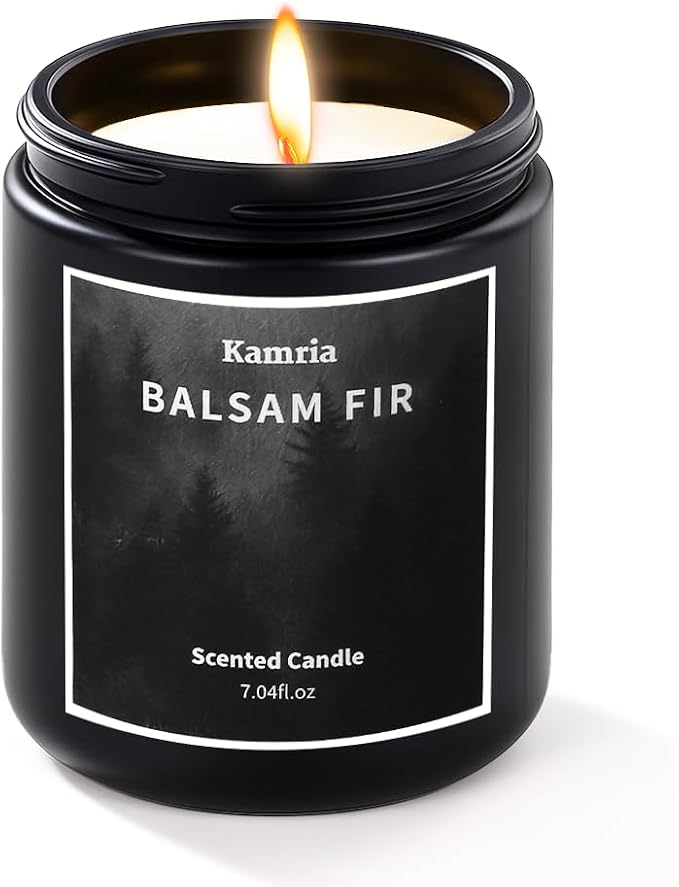 Balsam Fir Scented Candle, Fresh Pine & Evergreen Woodsy Aromatherapy in Black Jar, Natural Soy Wax for Home Decor, Crisp Winter Forest Scent for Men and Women, 7oz