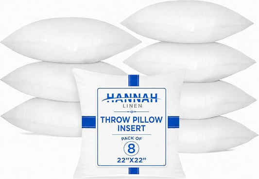 Hannah Linen Throw Pillow Inserts 22x22 – 8 Pack Square Decorative Cushion Stuffers for Couch, Sofa & Bed – Soft Fluffy Polyester Filled Pillow Inserts for Indoor Home Décor