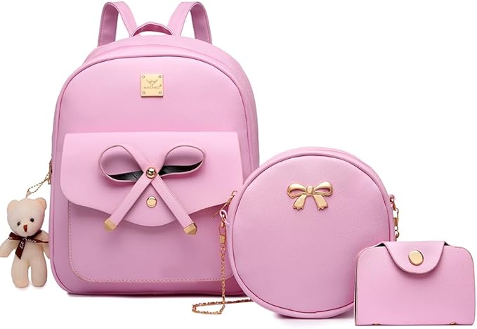 MACCINELO Cute Leather Mini Backpack Purse for Women Bowknot Small Backpack for Girls gift Rucksack Ladies Shoulder Bag 3pcs