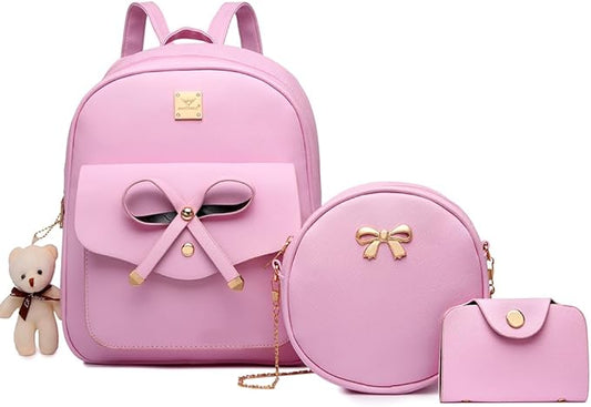 MACCINELO Cute Leather Mini Backpack Purse for Women Bowknot Small Backpack for Girls gift Rucksack Ladies Shoulder Bag 3pcs
