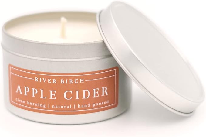 River Birch Candles Apple Cider Scented Candle | Premium, All-Natural, Non-Toxic, Soy Candles | 8 oz. Silver Tin Travel Candle | Cozy Relaxing Gifts for Home