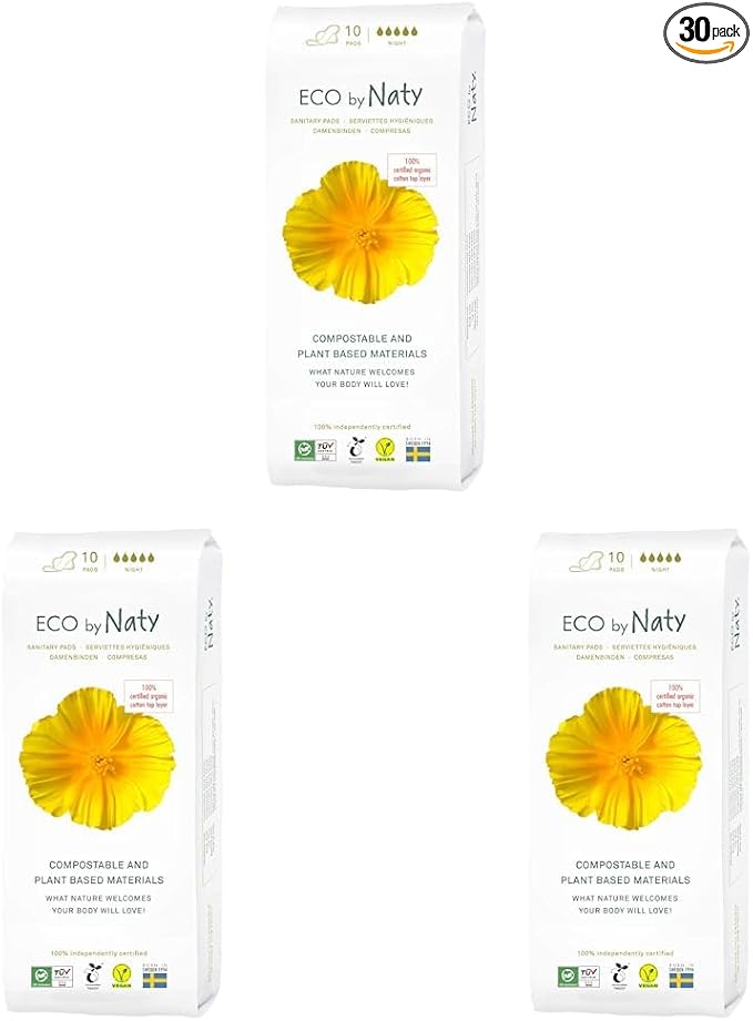 Eco by Naty Sanitary Pads – Plantbased and Absorbent Sanitary Pads for Women, Organic Cotton Menstrual Product, Better for Feminine Health (Night, 10 Count) (Pack of 3)