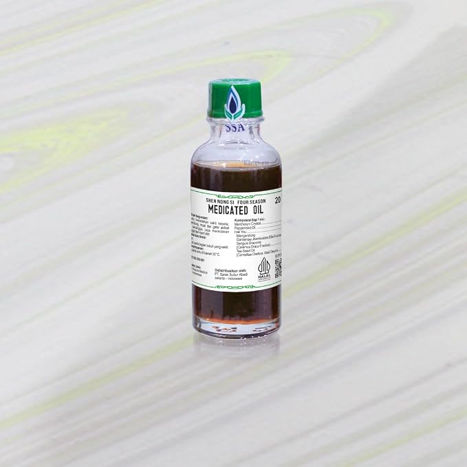Four Season (Shen Nong Si) Medicated Oil 20 ml, Traditional Asian Therapeutic Massage Oil, Classic Aroma for Cold Relief, Motion Sickness, Breathing, Itchy Skin, Stomach Discomfort, Sore Muscles