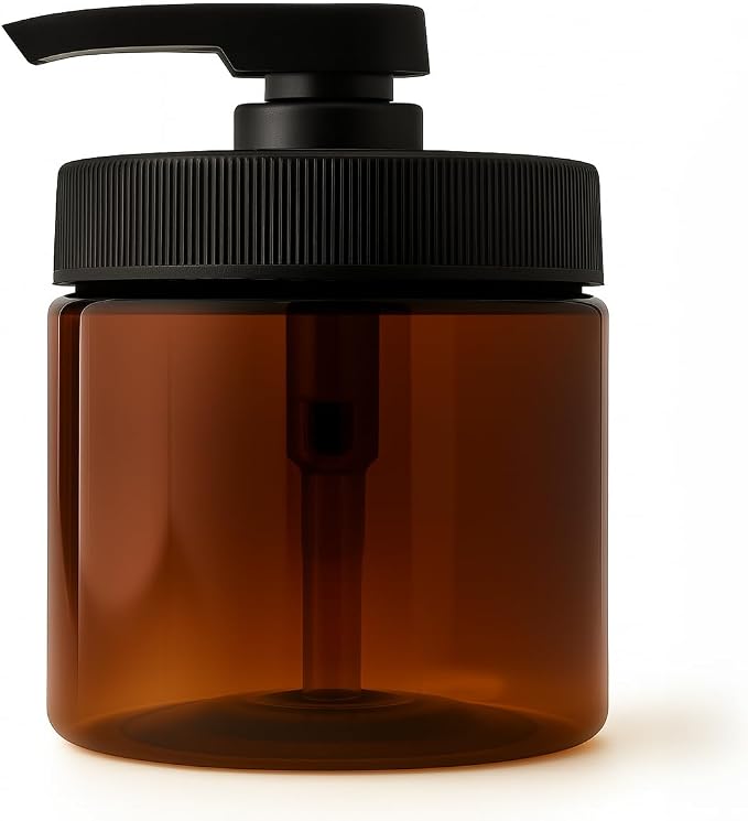 Royal Massage 16oz Refillable Pump Jar with Locking Dip Tube Dispenser – BPA-Free Plastic Container for Massage Oils, Lotions, Creams – Ribbed Lid Wide-Mouth Jar – Durable & Reusable (Amber/Black, 1)