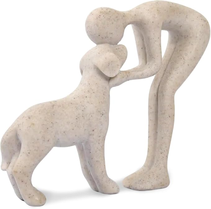 Abstract Person and Dog Head-to-Head Figurine Sandstone | abstract sculpture celebrating the bond between person and pet. Intimate head-to-head Touching memory keepsake for dog lovers