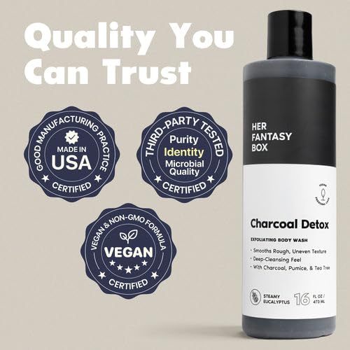 Her Fantasy Box | Charcoal Detox Exfoliating Body Wash – Activated Charcoal & Pumice Deep Cleanser with Tea Tree & Eucalyptus, Refreshing Exfoliation for Smoother Skin, Vegan & pH Balanced (16 oz)