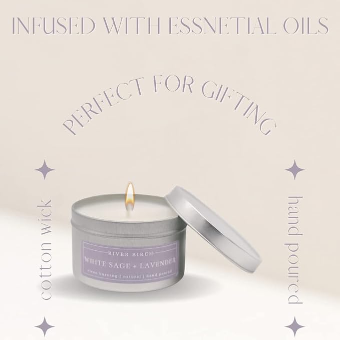 River Birch Candles White Sage + Lavender Scented Candle | Premium, All-Natural, Non-Toxic, Soy Candles | 8 oz. Silver Tin Travel Candle | Cozy Relaxing Gifts for Home