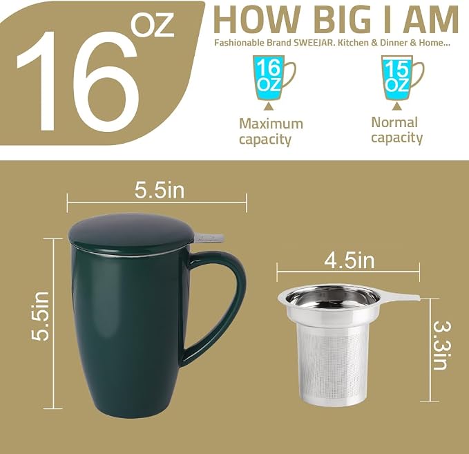 Sweejar Porcelain Tea Infuser Mug with Lid, 16 oz Teacup with Strainers for Loose Leaf Tea, Microwave and Dishwasher Safe Coffee Mug(Black)