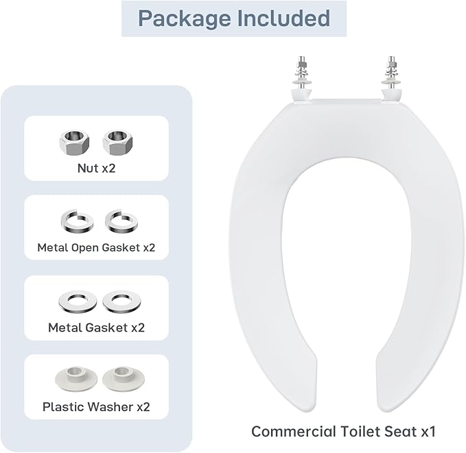 18.5 Inch Elongated Open-Front Toilet Seat, Commercial Heavy Duty Public Toilet Lid Without Cover, Never Loosen Design for Office, Church, Hospital Use (White)