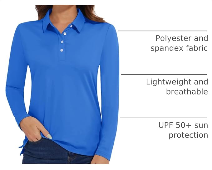 MAGCOMSEN Long Sleeve Polo Shirts for Women Golf Tops with Collar Work | UPF 50+ Sun Protection, 4 Buttons, Moisture Wicking, Breathable, 4-Way Stretch, Collared, Quick Dry, Active, Casual, Tennis