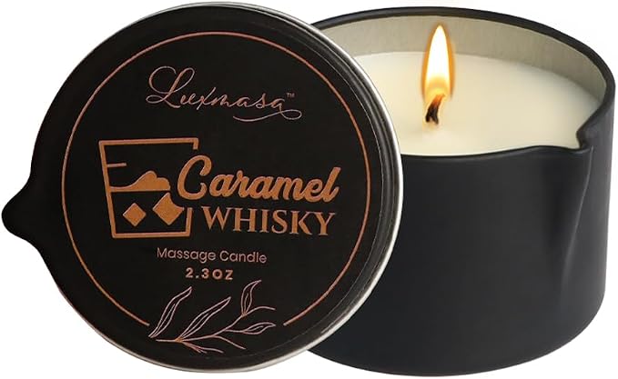 Soybean Wax Warming Massage Oil Candle for Stress Relief and Skin Moisturizing, Romantic Gift SPA Use Home Scented Candle Body Oil Caramel Whisky Scent 2.35 OZ