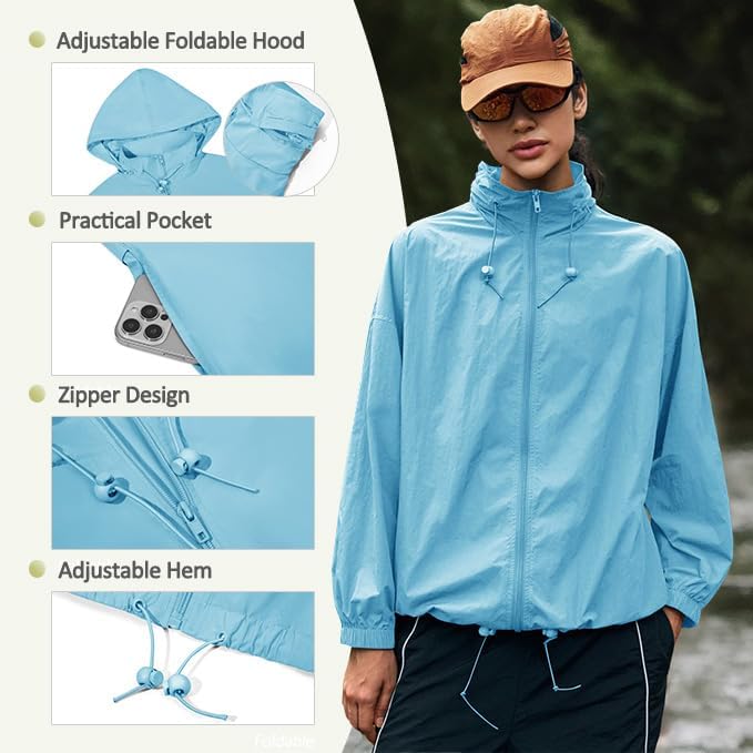 Yousify Womens Waterproof Rain Jackets Lightweight Zip Up Raincoat Outdoor Hiking Hooded Windbreaker with Pocket