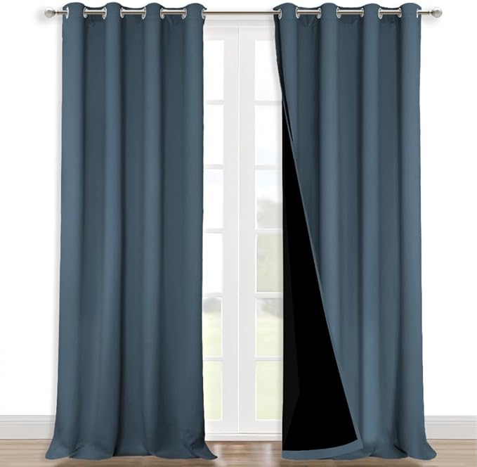 NICETOWN 100% Blackout Curtains for Windows, Pack of 2, Smoky Blue, 52" W x 102" L, Super Heavy-Duty Black Lined Total Darkness Drapes for Bedroom, Privacy Assured Window Treatment for Patio