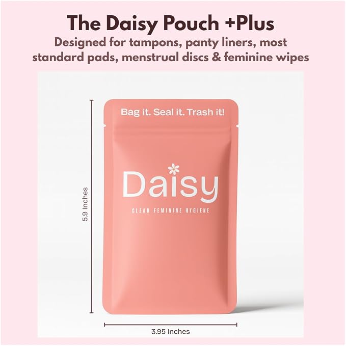 Odor-Proof Sanitary Trash Bags for Tampons, Pads, Discs, Panty Liners & Feminine Wipes | The Daisy Pouch +Plus Discreet Disposal Bags for Home, Work, School & Travel