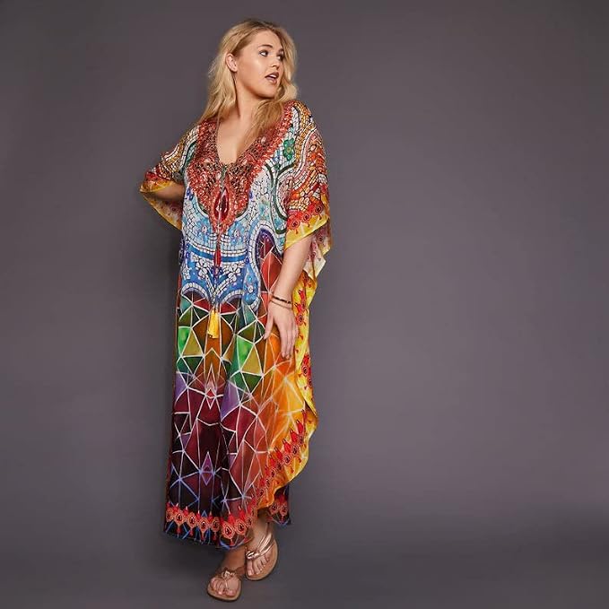 Venasha Womens Caftan Floral Print Kaftan Dress Short Sleeve Swimsuit Cover up Loungewear for Summer